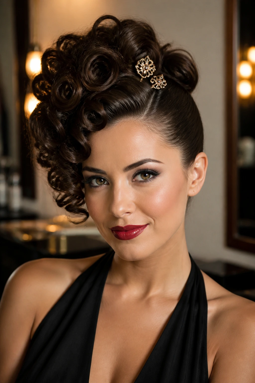 Asymmetrical curly updo with one side pinned and the other sleek.