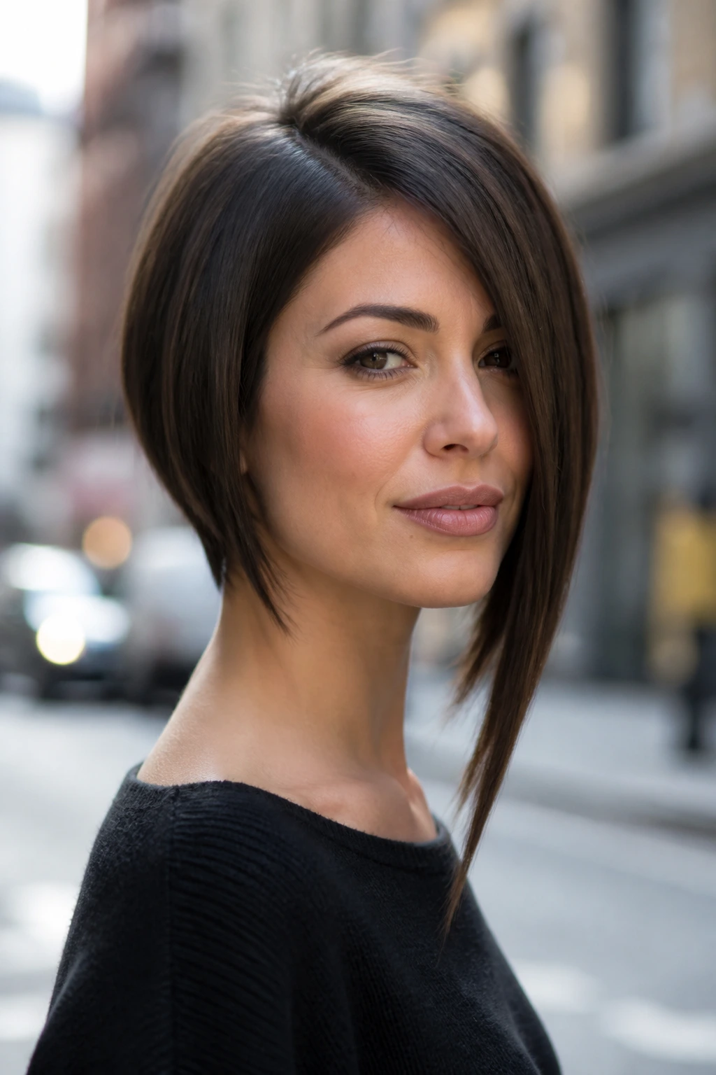Portrait of a real woman with an asymmetrical V-cut.