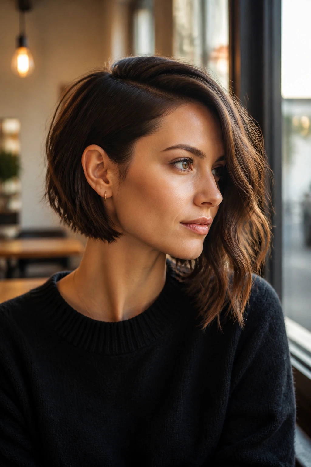 Portrait of a real woman with asymmetrical wavy bob at a cafe.