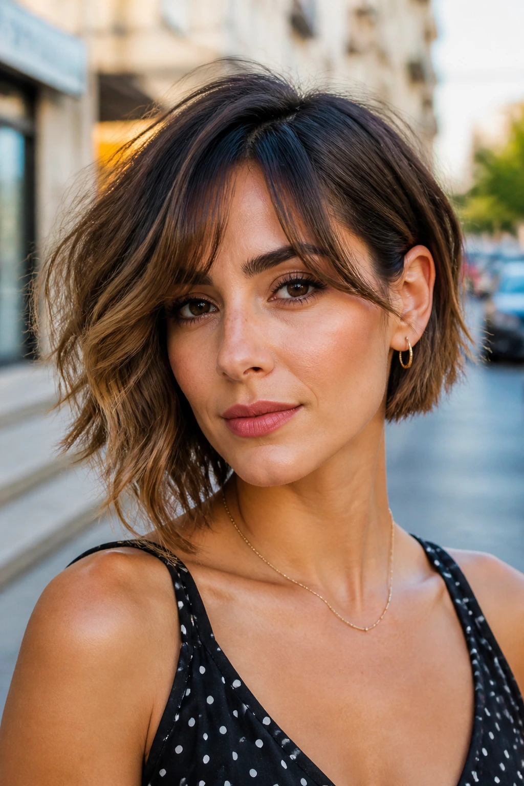 Real woman with an asymmetrical wavy bob on city street at golden hour.