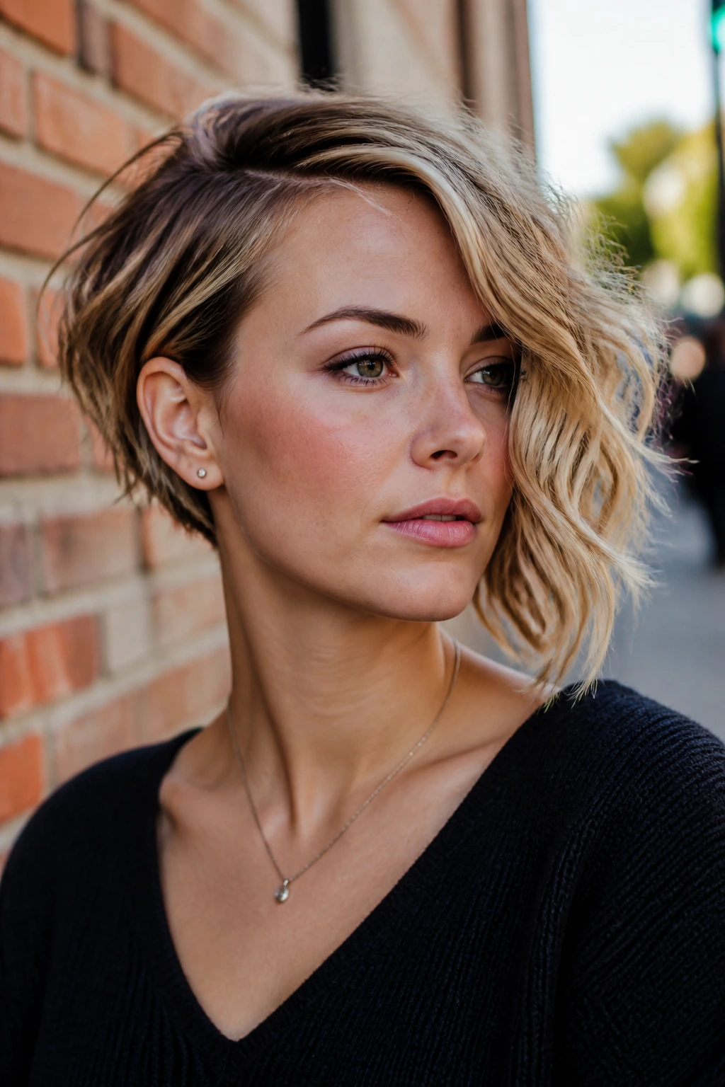 Close-up of a real woman with an asymmetrical wavy bob on an urban street backdrop.