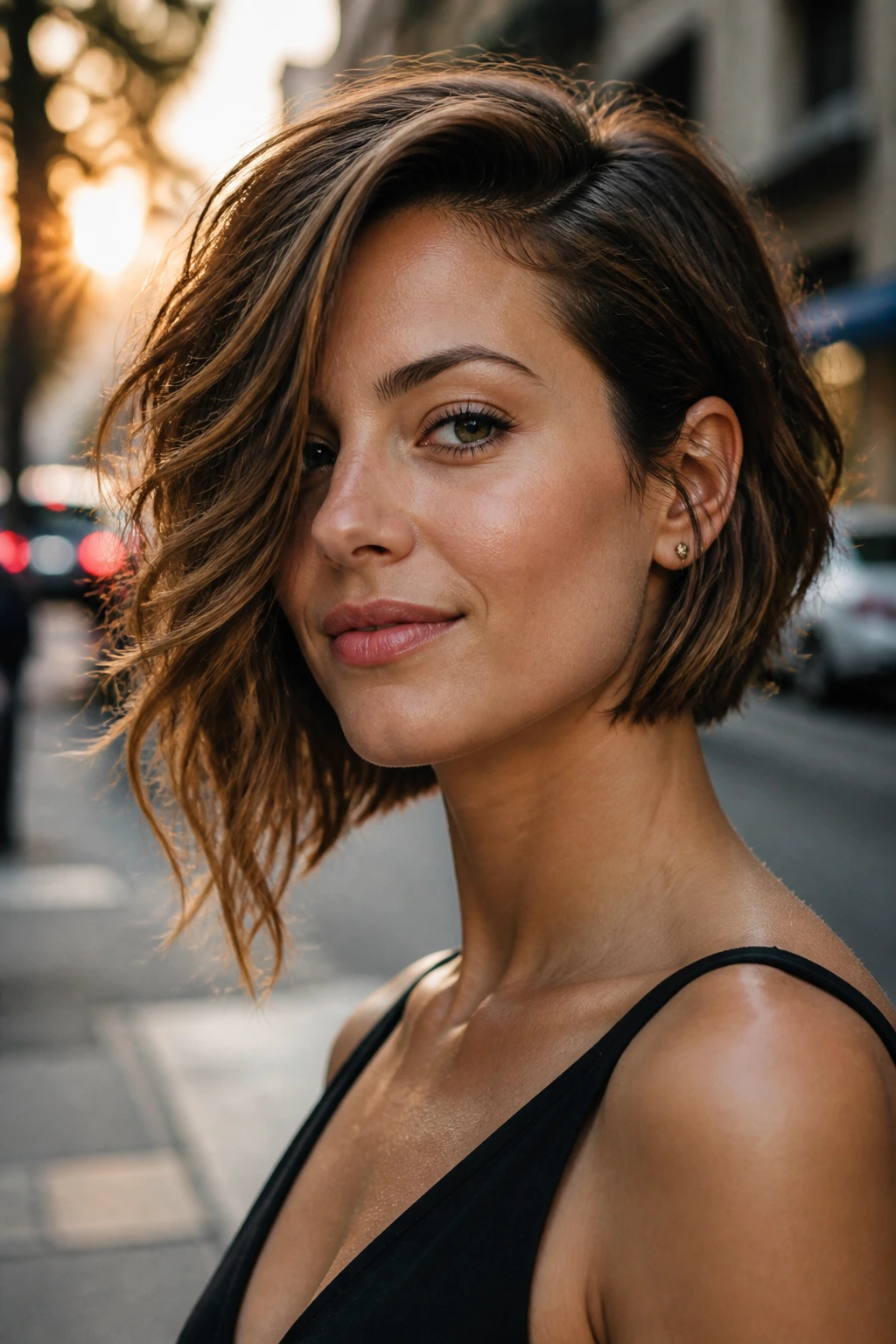 Portrait of a real woman with an asymmetrical wavy bob in an urban golden-hour setting