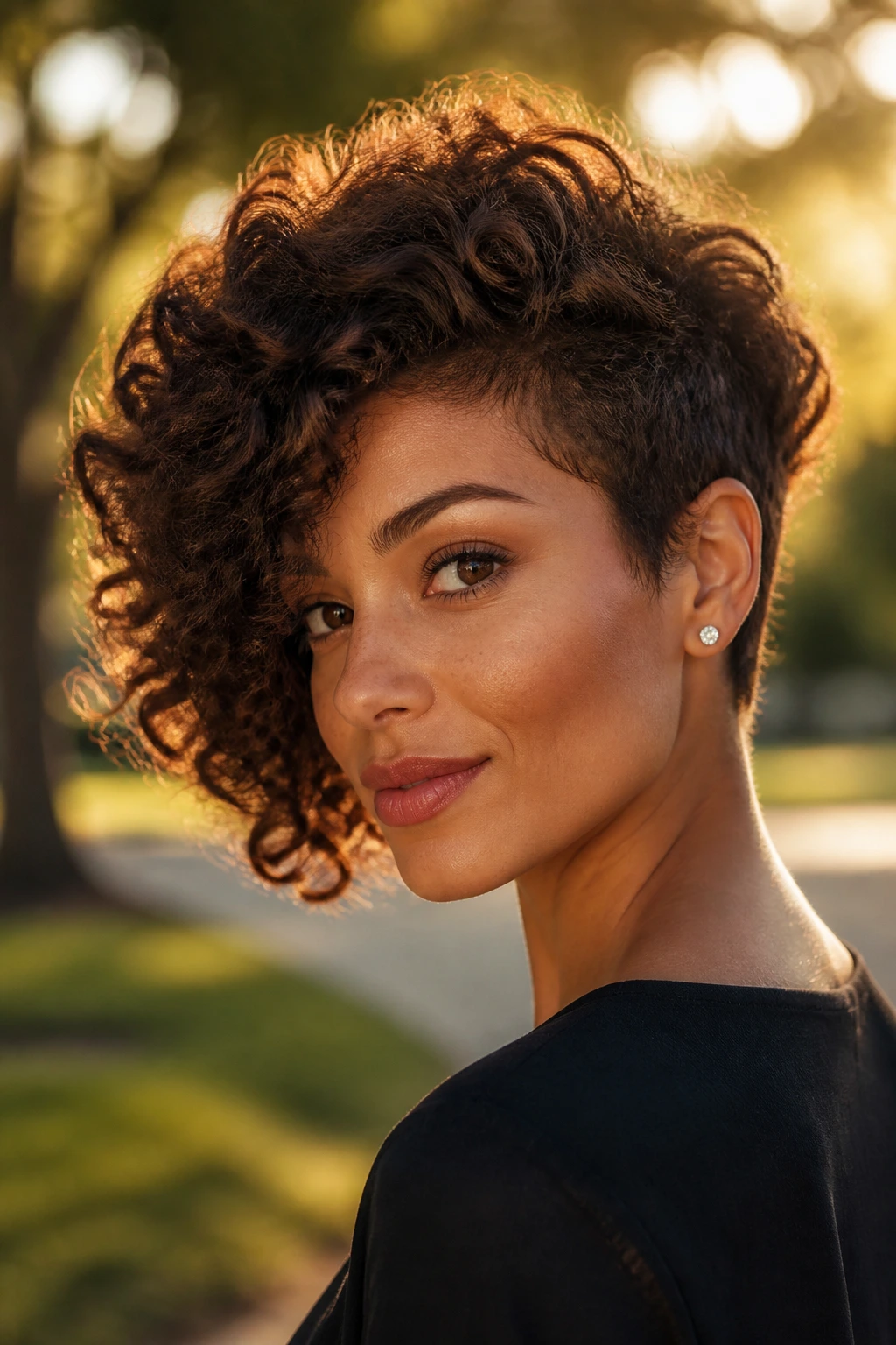Asymmetrical wedge hairstyle on a real person outdoors