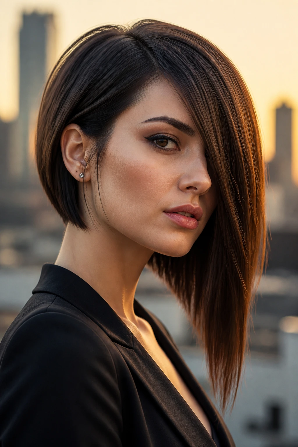 Close-up of a real woman with asymmetrical long wedge showing diagonal length difference.