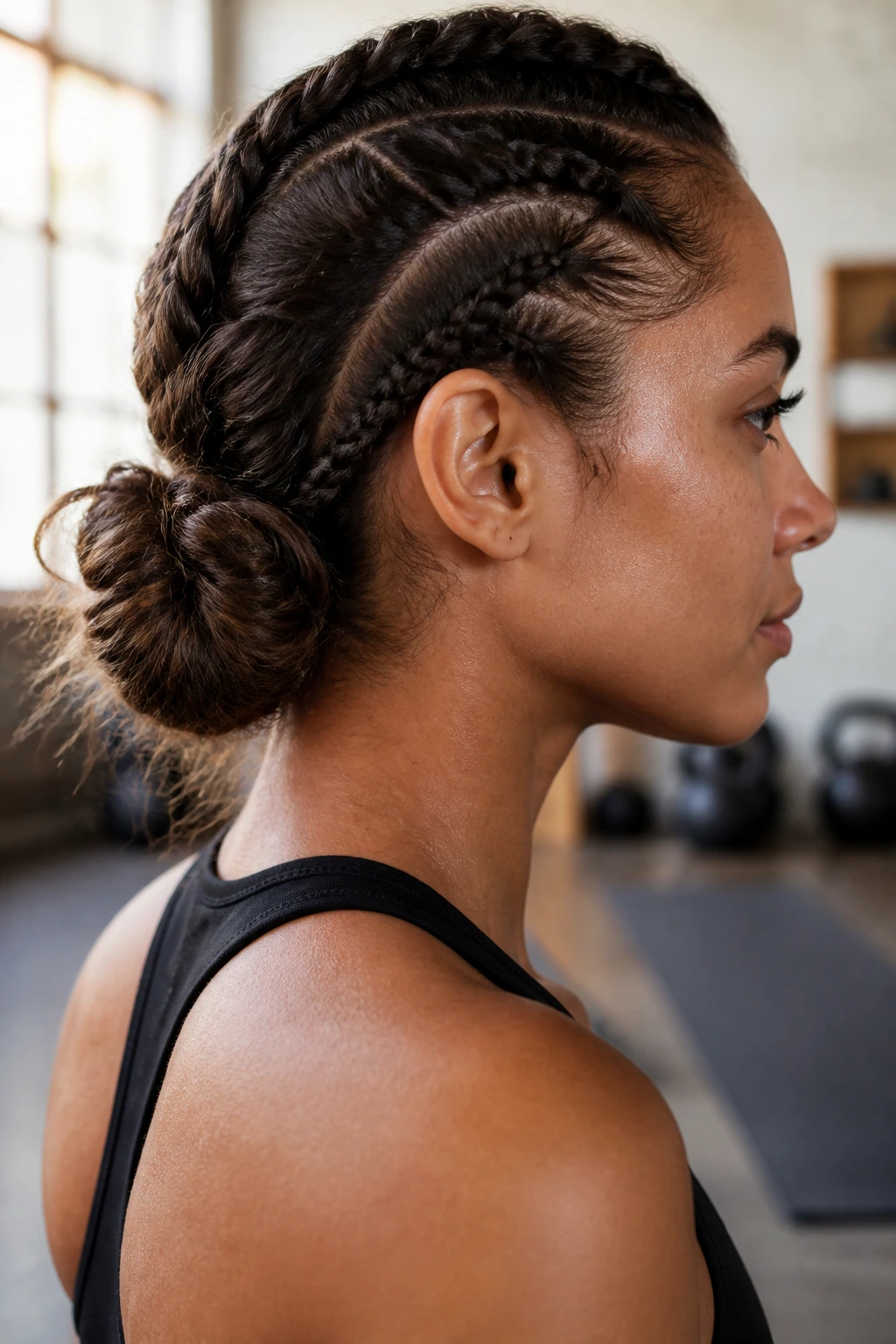 Real woman with a messy athletic chignon at the nape of the neck during workout.