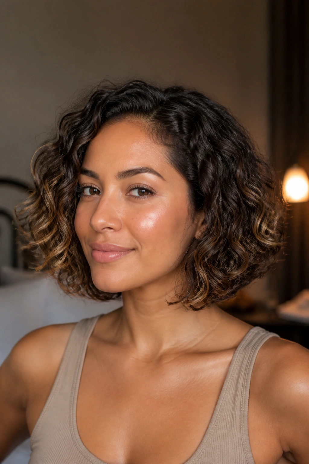 Close-up of a woman with natural roots and defined ends.