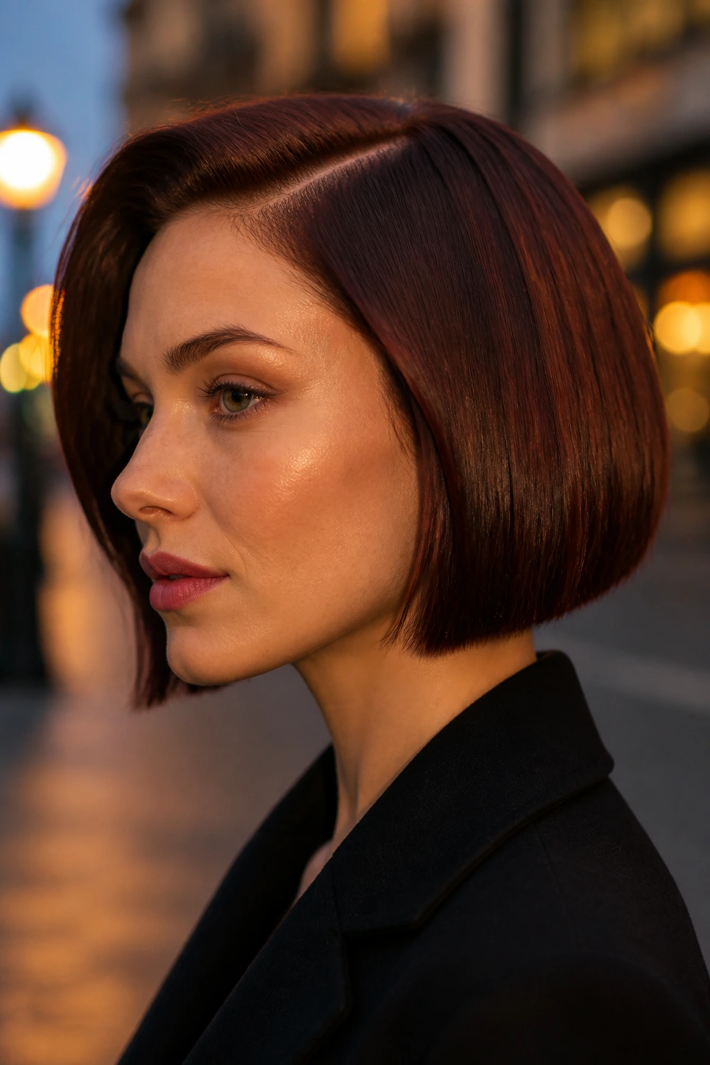 Close-up of a woman with a deep auburn-brown blunt bob at chin-length.