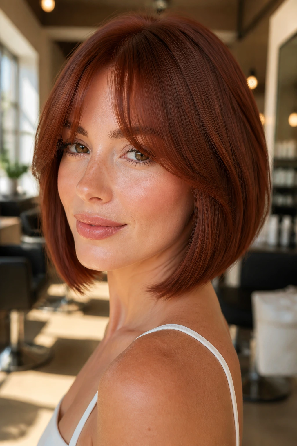 Close-up of a real person with deep auburn A-line bob and curtain bangs in a sunlit salon.