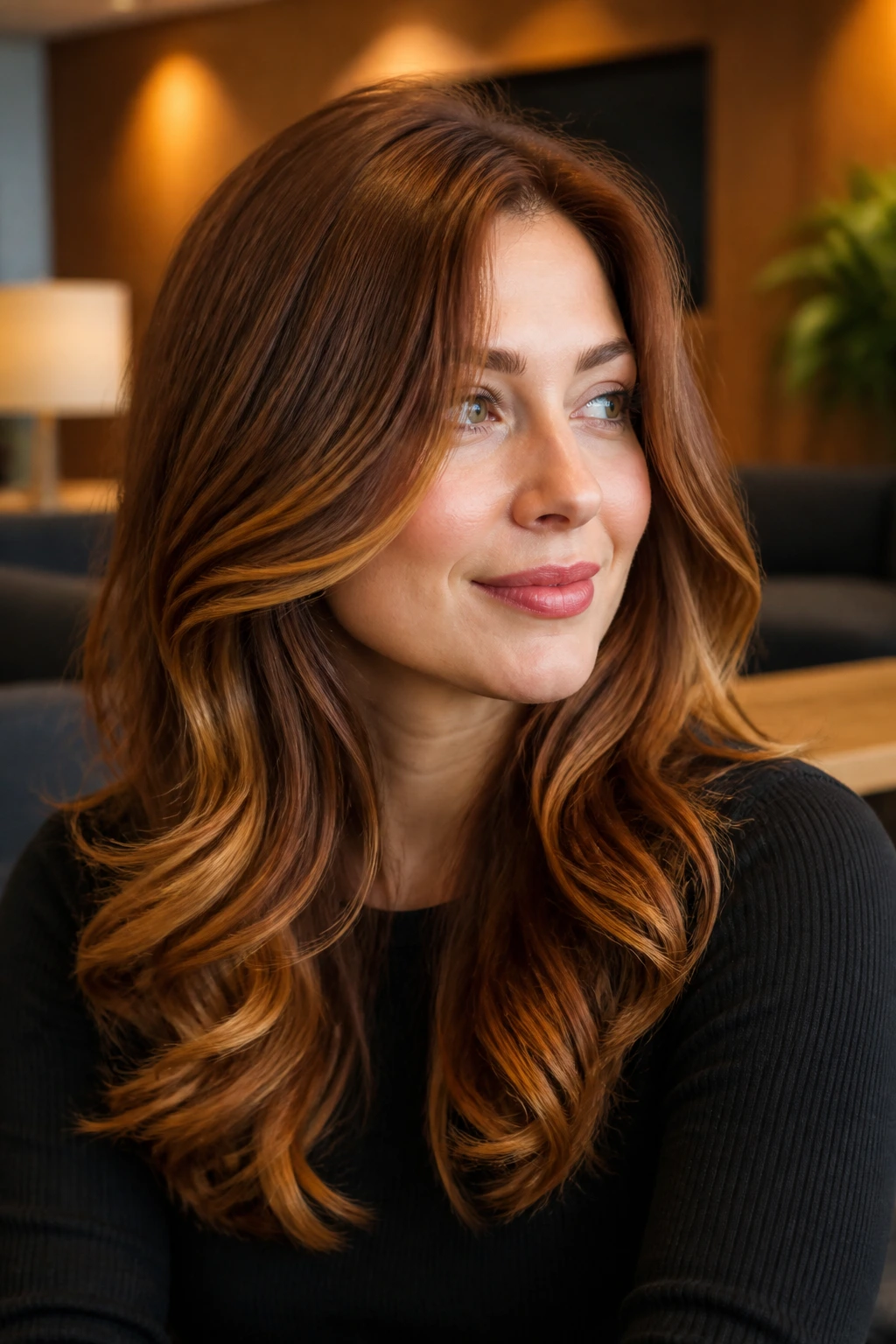Close-up of auburn caramel balayage with soft curled ends on a real person