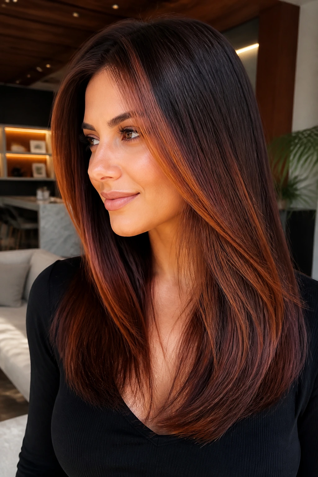 Brunette with auburn-copper blend in a straight blowout