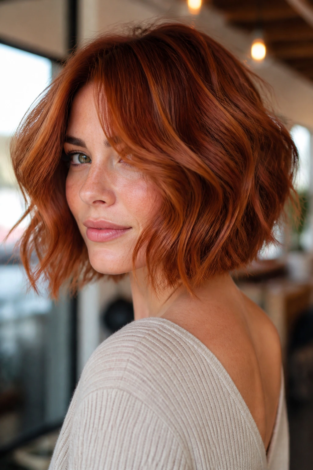 Real woman with auburn copper inverted bob in warm light.