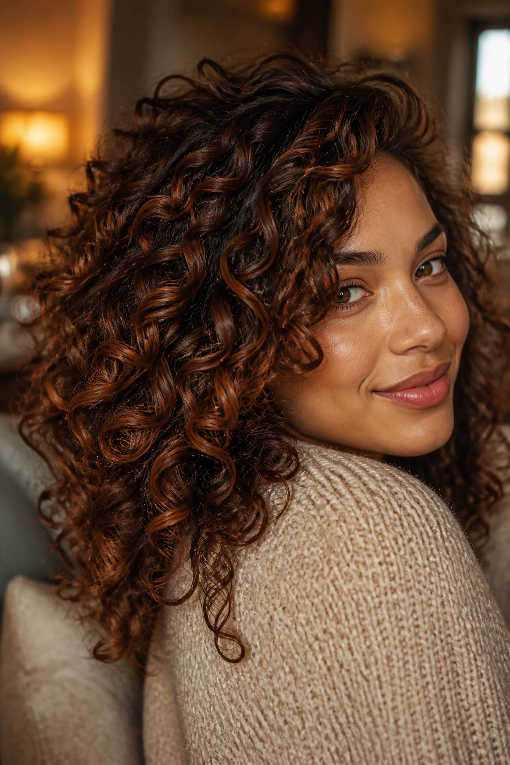 Close-up portrait with warm auburn streaks in curly hair