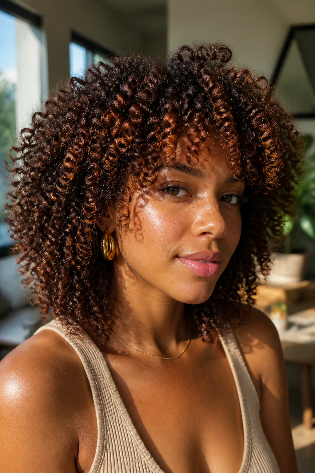 Close-up of dense 4A coils with auburn glaze at bangs