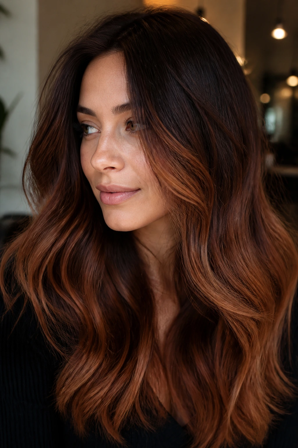 Hair melt from brown to auburn gradient on a real woman.
