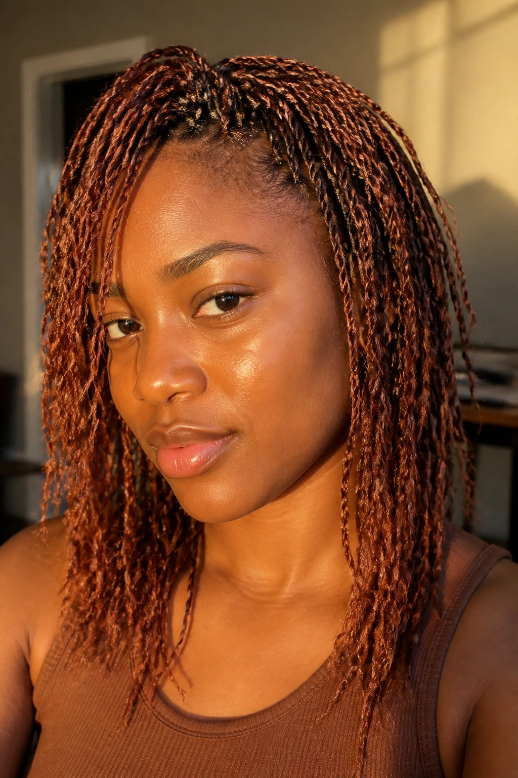 Real person with auburn-tinted micro twists in warm lighting