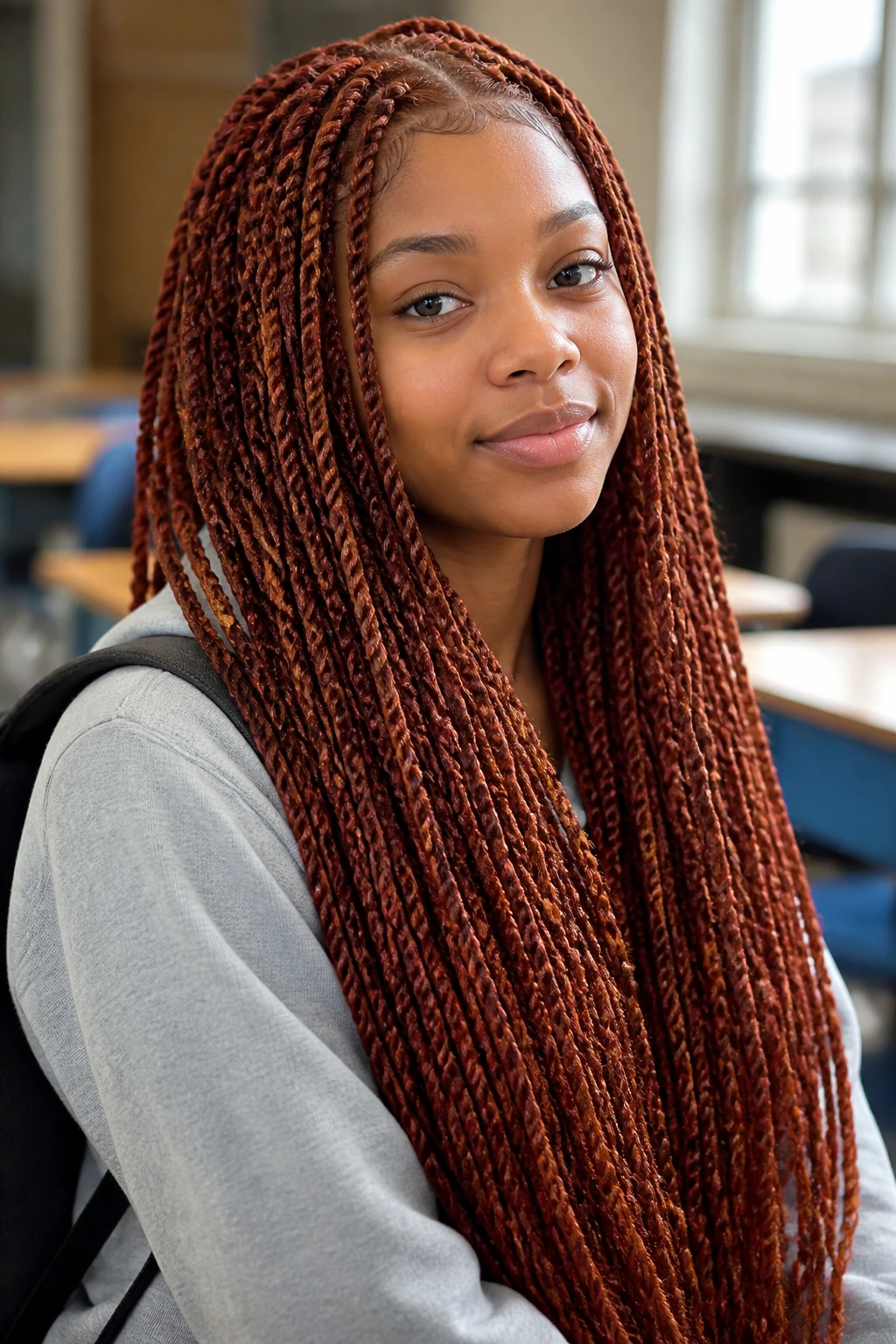 Close-up of a student with waist-length auburn twists.