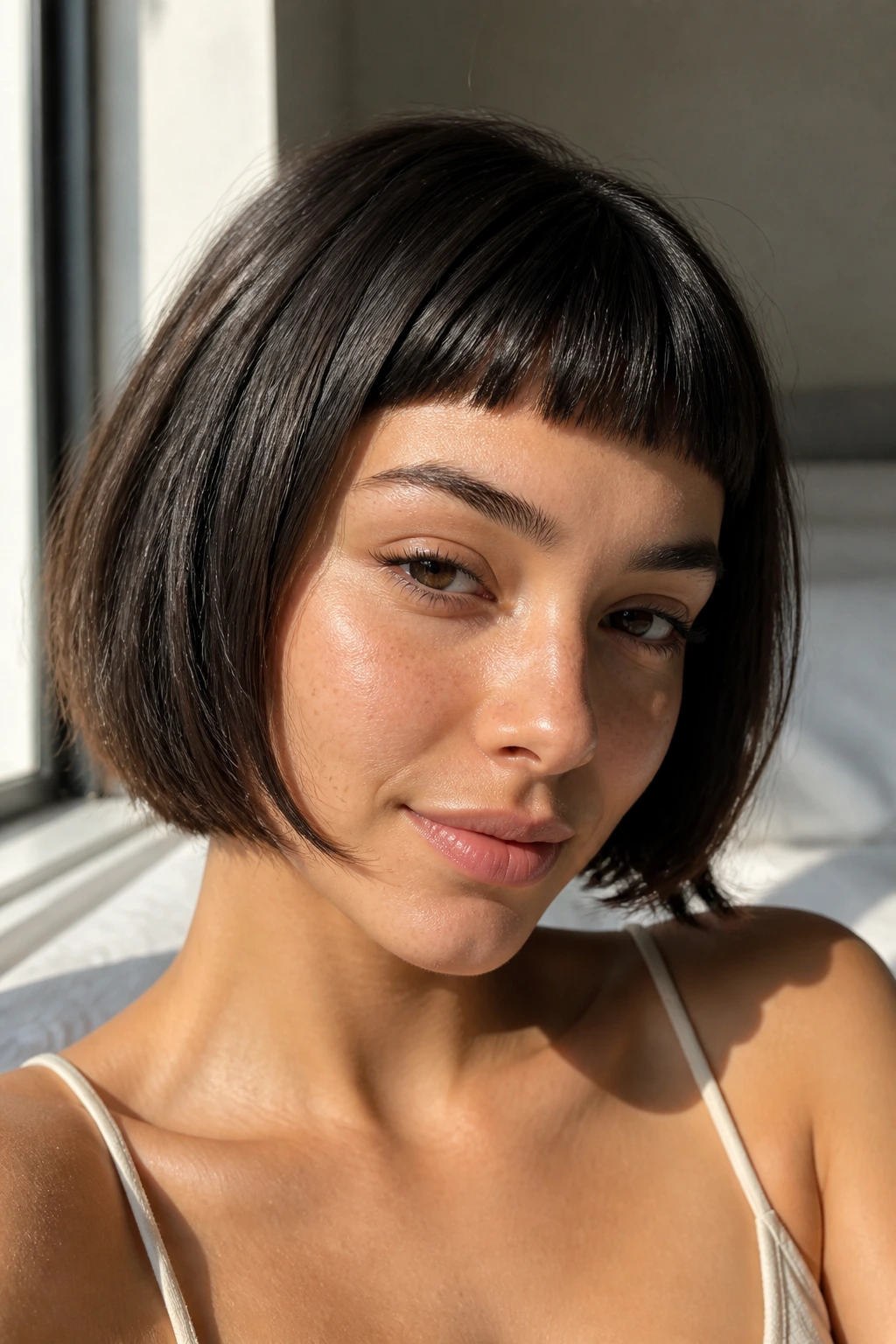 Close-up of a woman with chin-length bob and baby bangs in soft natural light