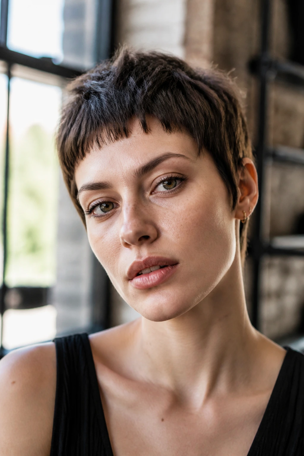 Textured baby bangs with razor-cut layers on a real woman in an urban loft