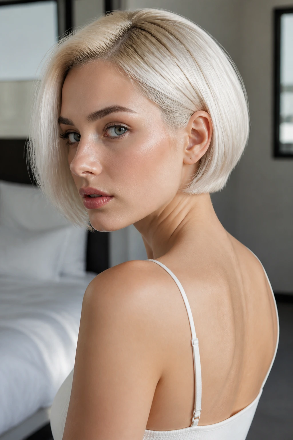 Close-up of a real woman with a tapered-back baby blonde bob in pale platinum