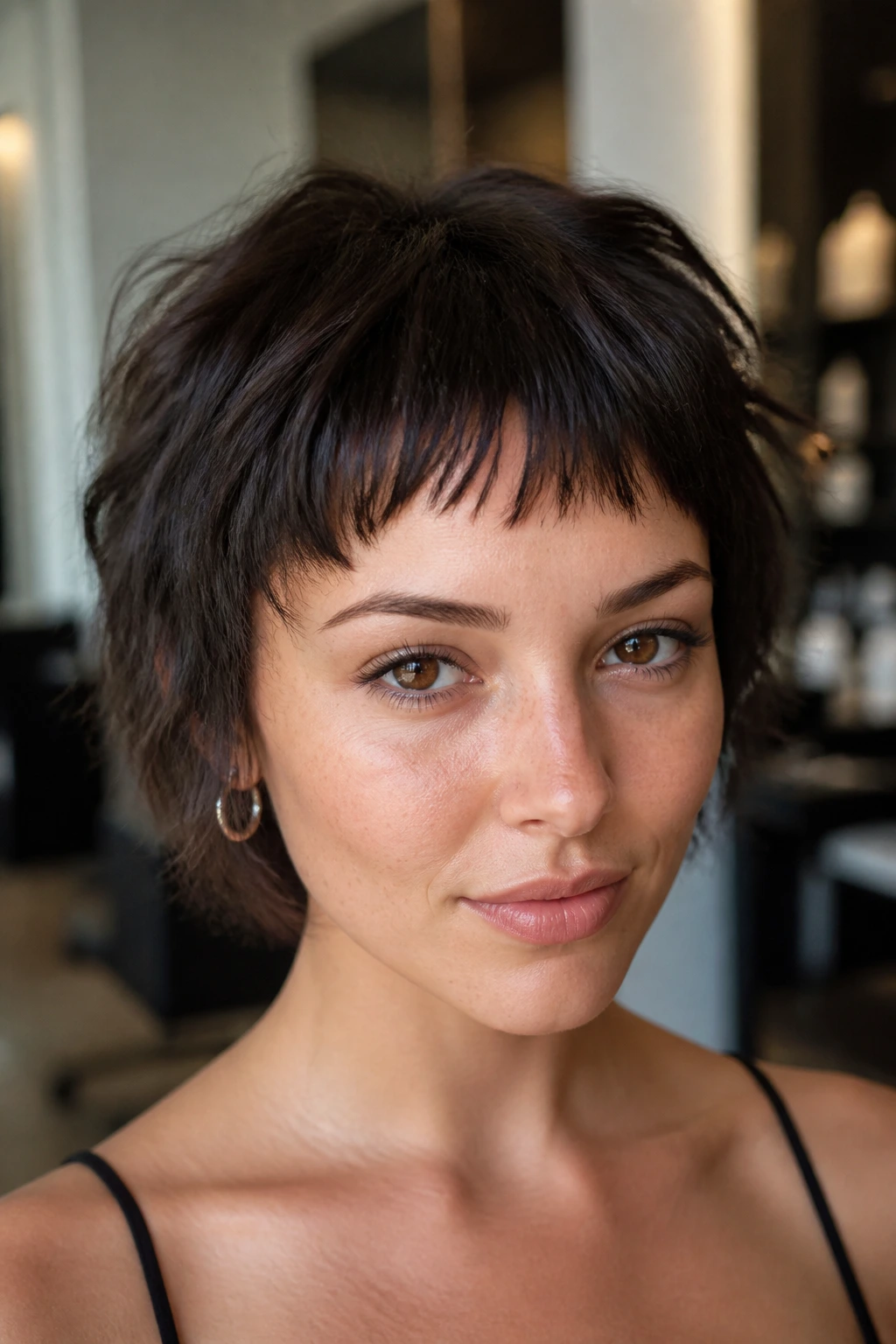 Close-up of a real woman with a baby choppy fringe above the eyebrows