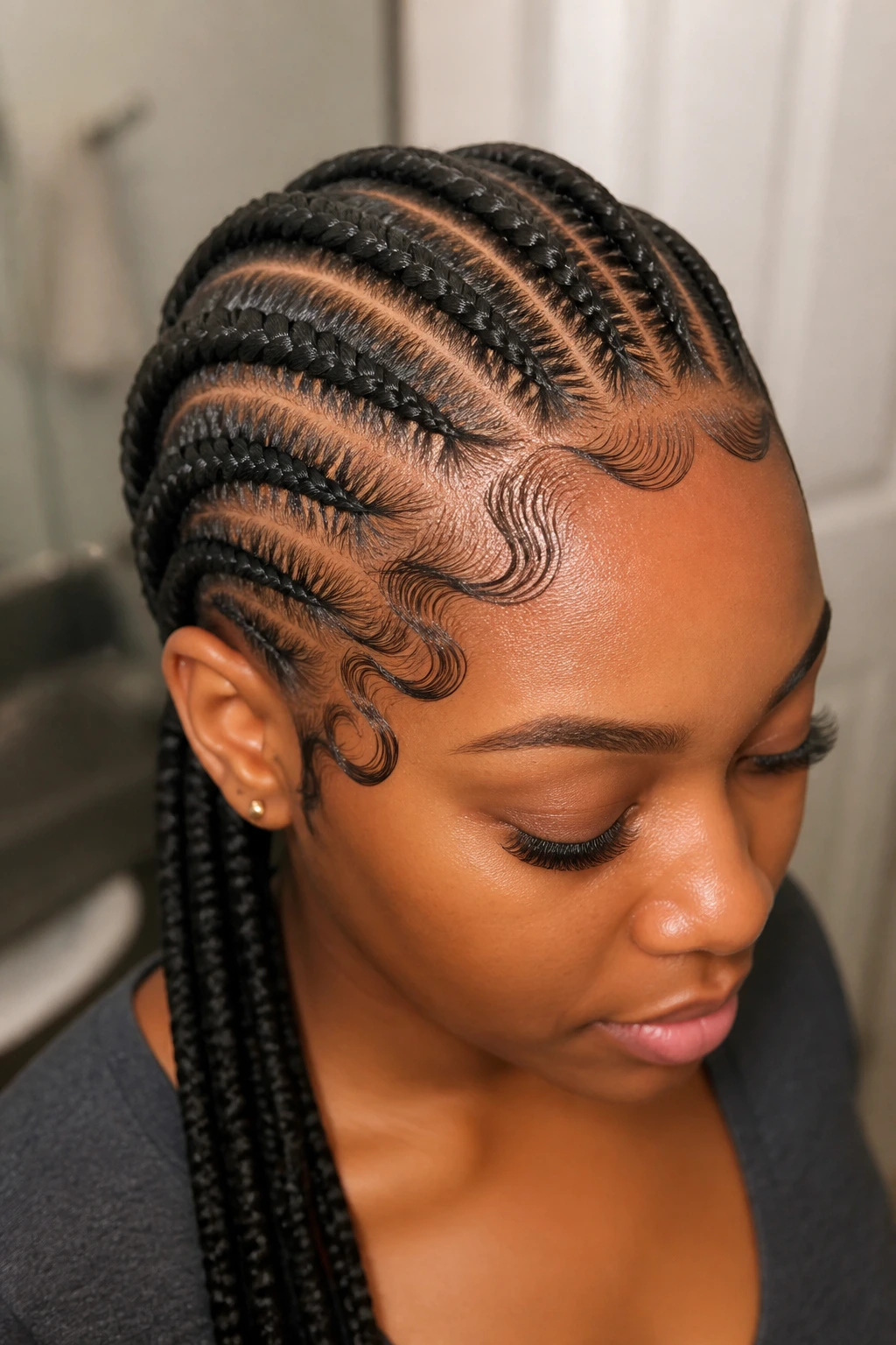Close-up of a real person showing sculpted baby hairs along the braided hairline.