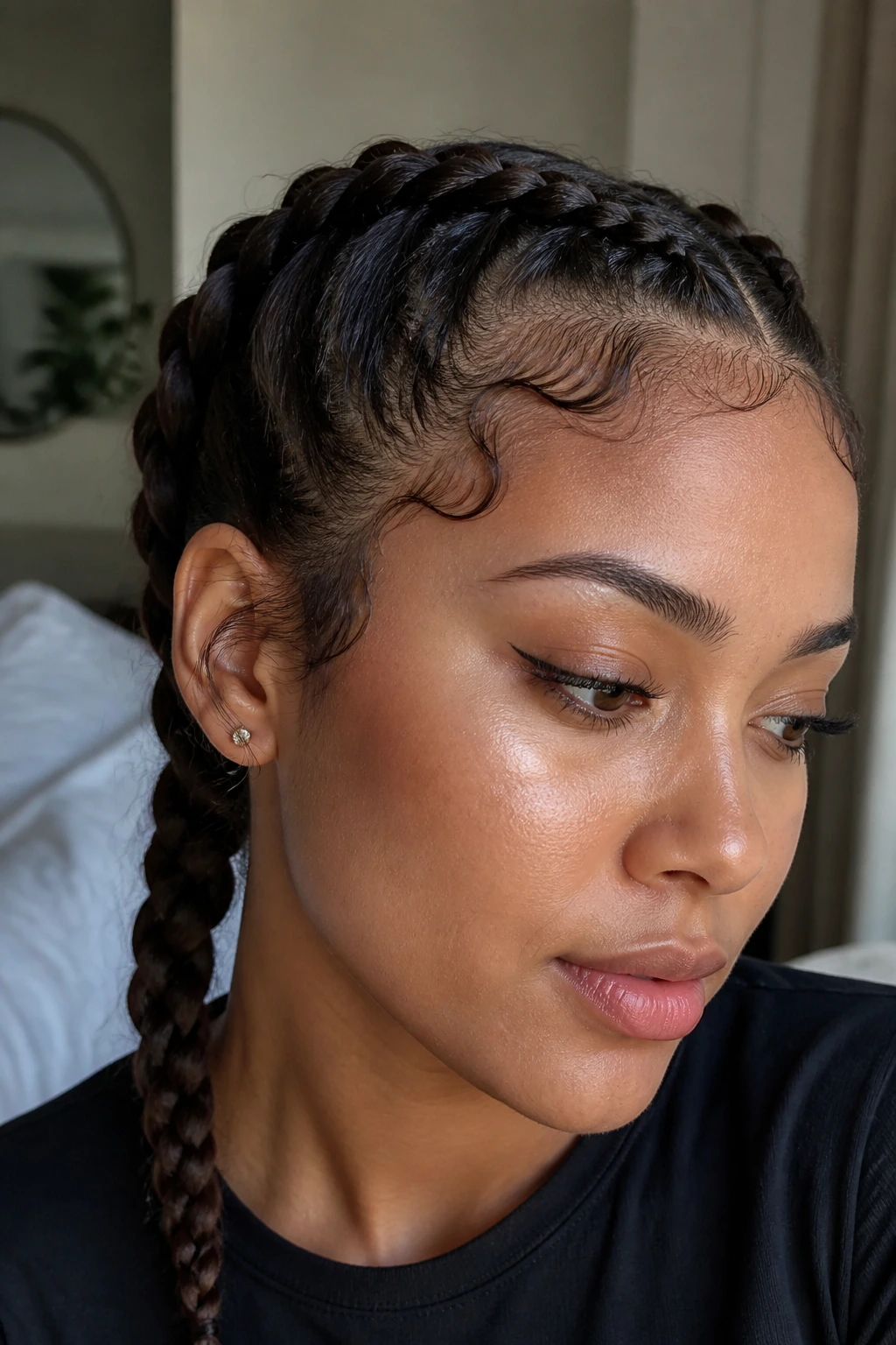 Close-up of a real woman with a baby-hair focused Dutch braid along the hairline