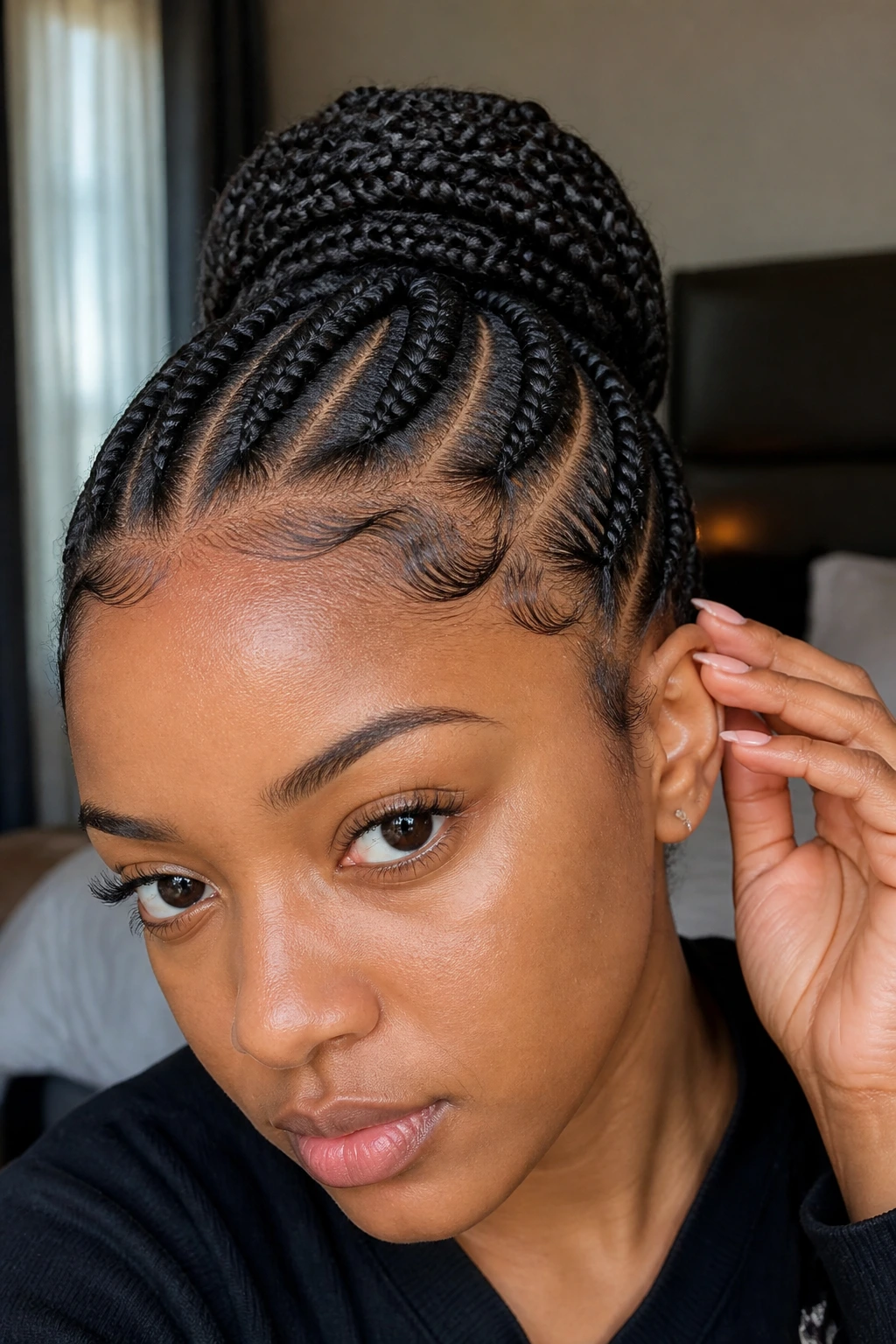 Close-up of a real woman's hairline with styled baby hairs and edges