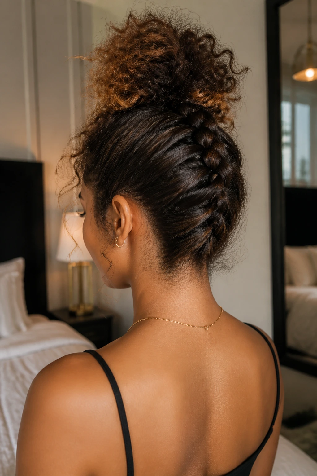 Rear view of woman with braided back-to-front updo