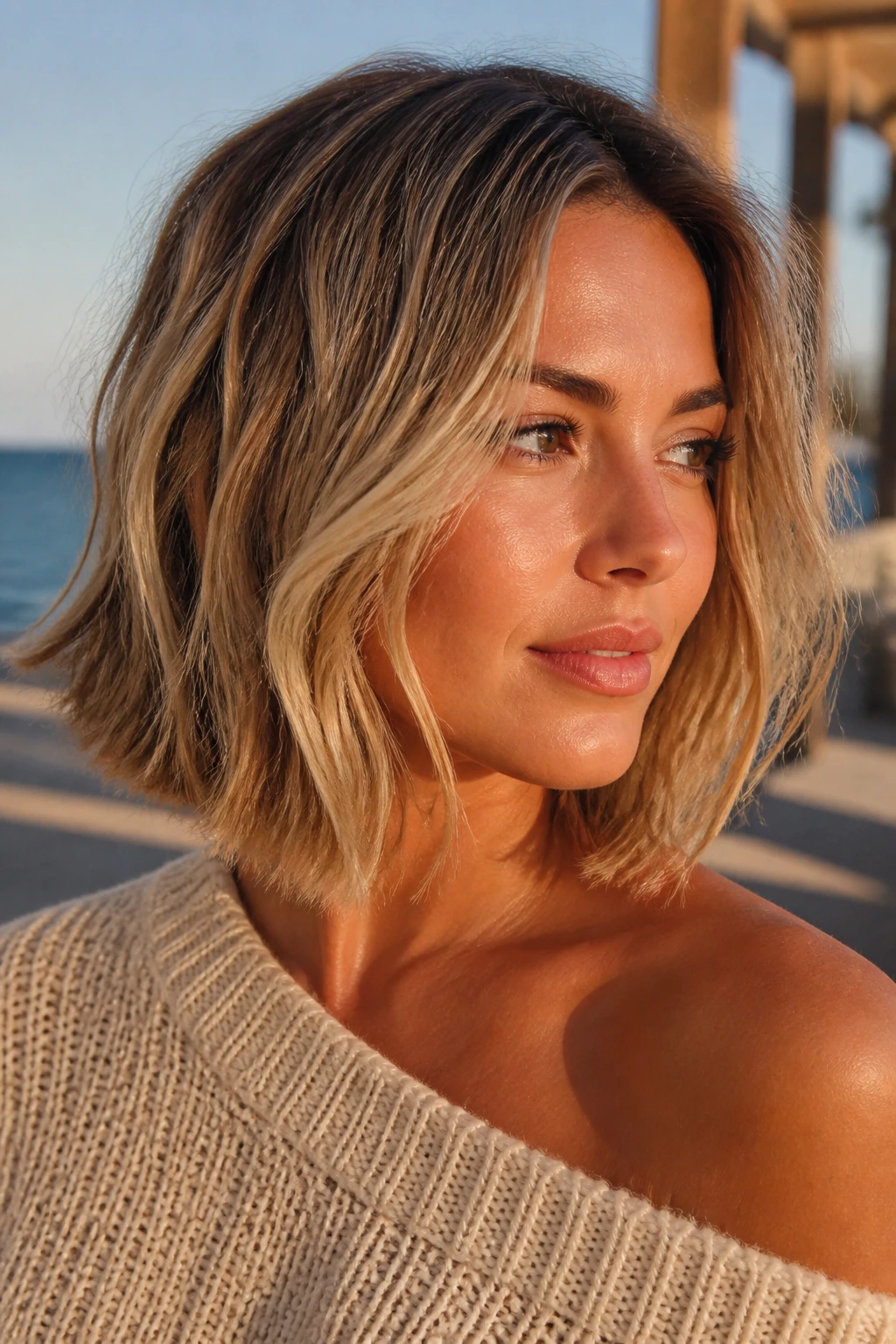 Close-up of a woman with balayage beachy bob in sunlit setting