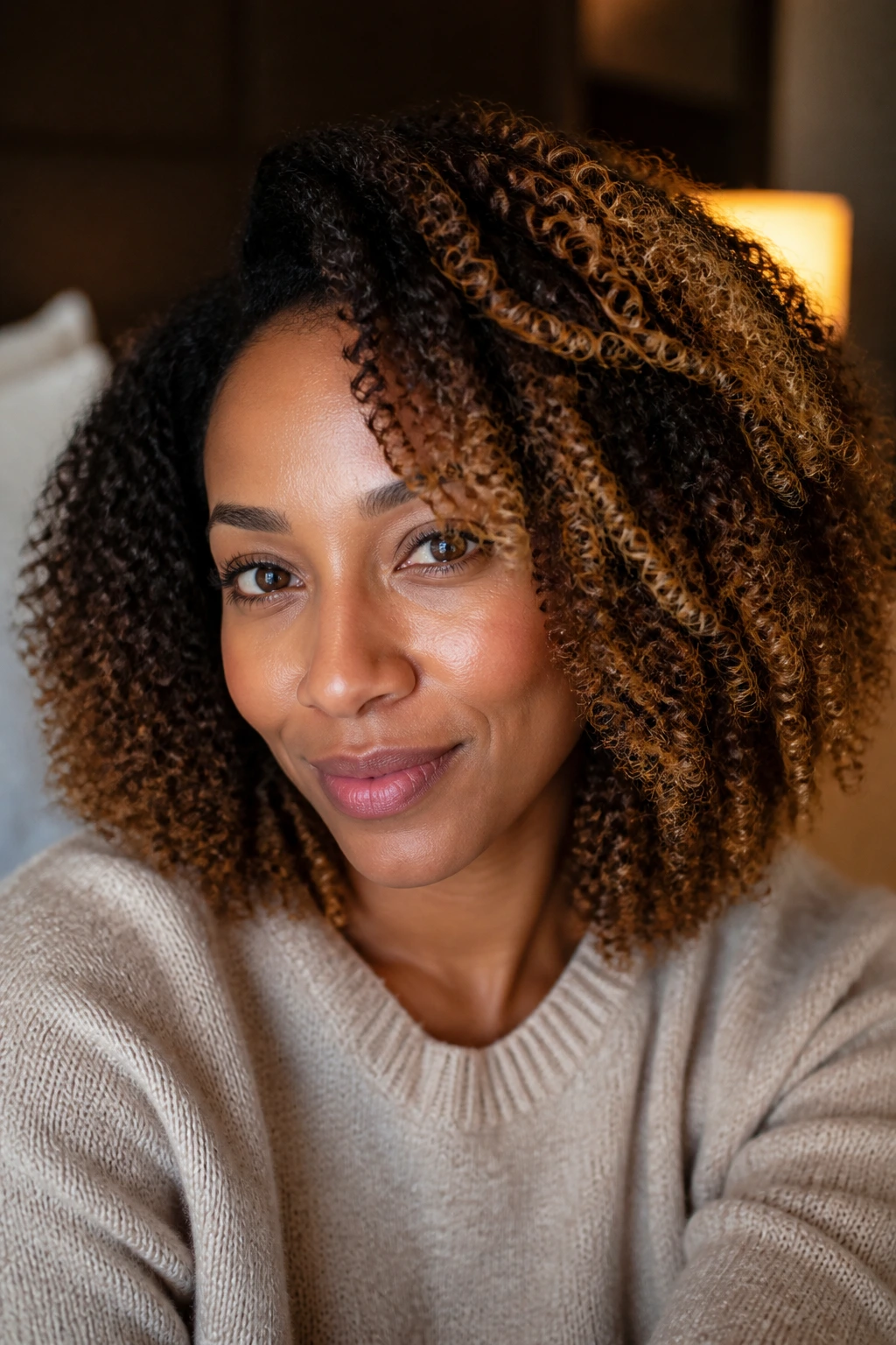 Close-up of natural coils with caramelized brown sugar balayage on a real person