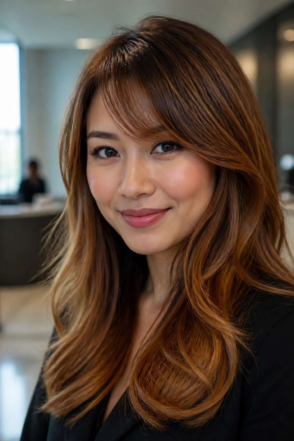 Close-up of a real woman with amber caramel balayage and side-swept bangs in an office setting