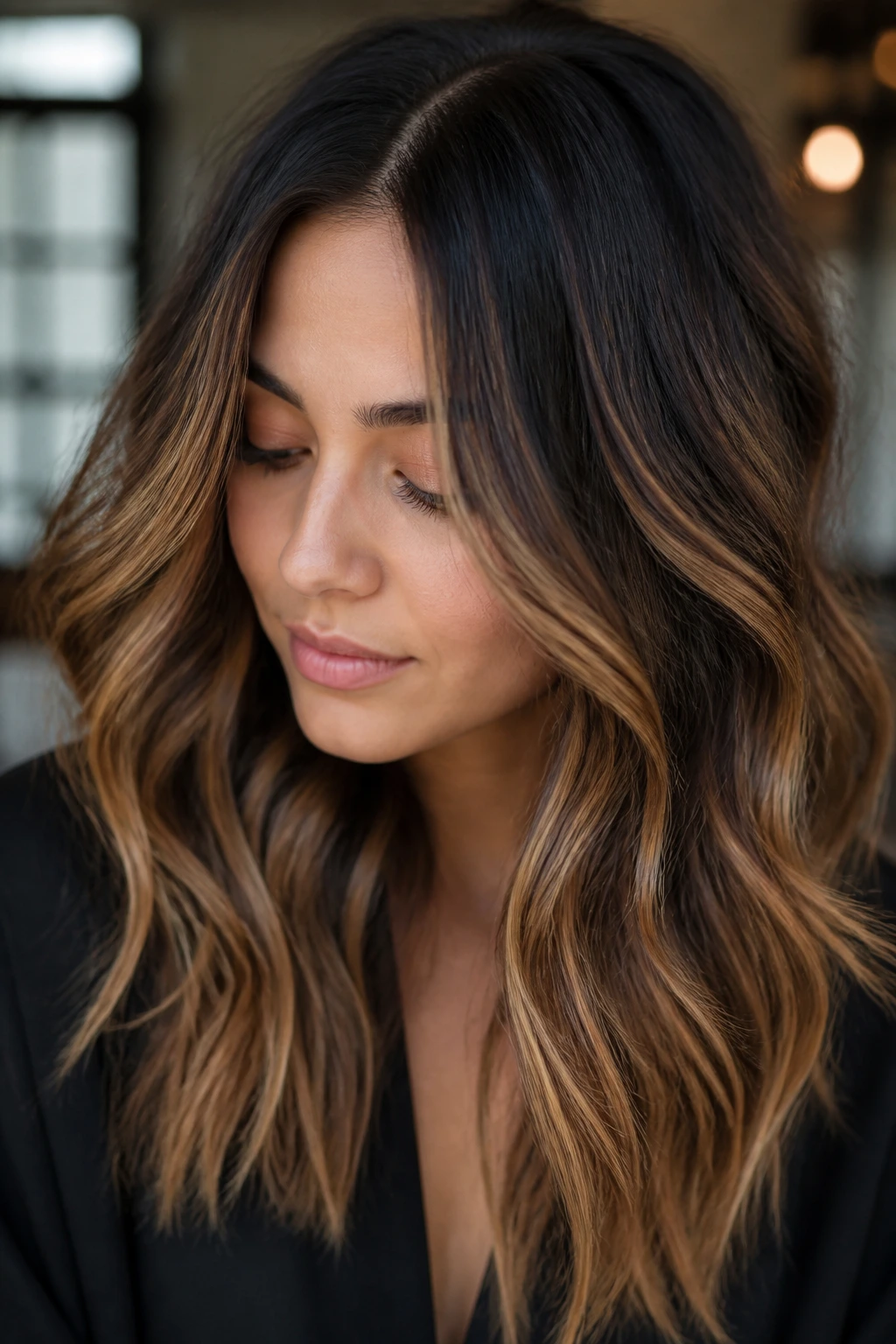 Portrait of a woman with caramel balayage on dark hair.