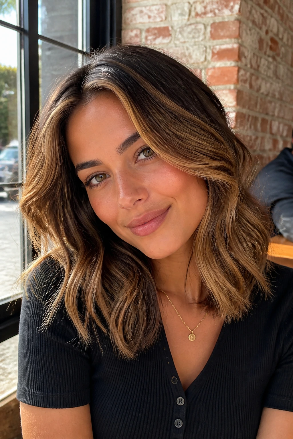 Close-up of a real woman with mid-length beachy layers and caramel highlights in a cafe.