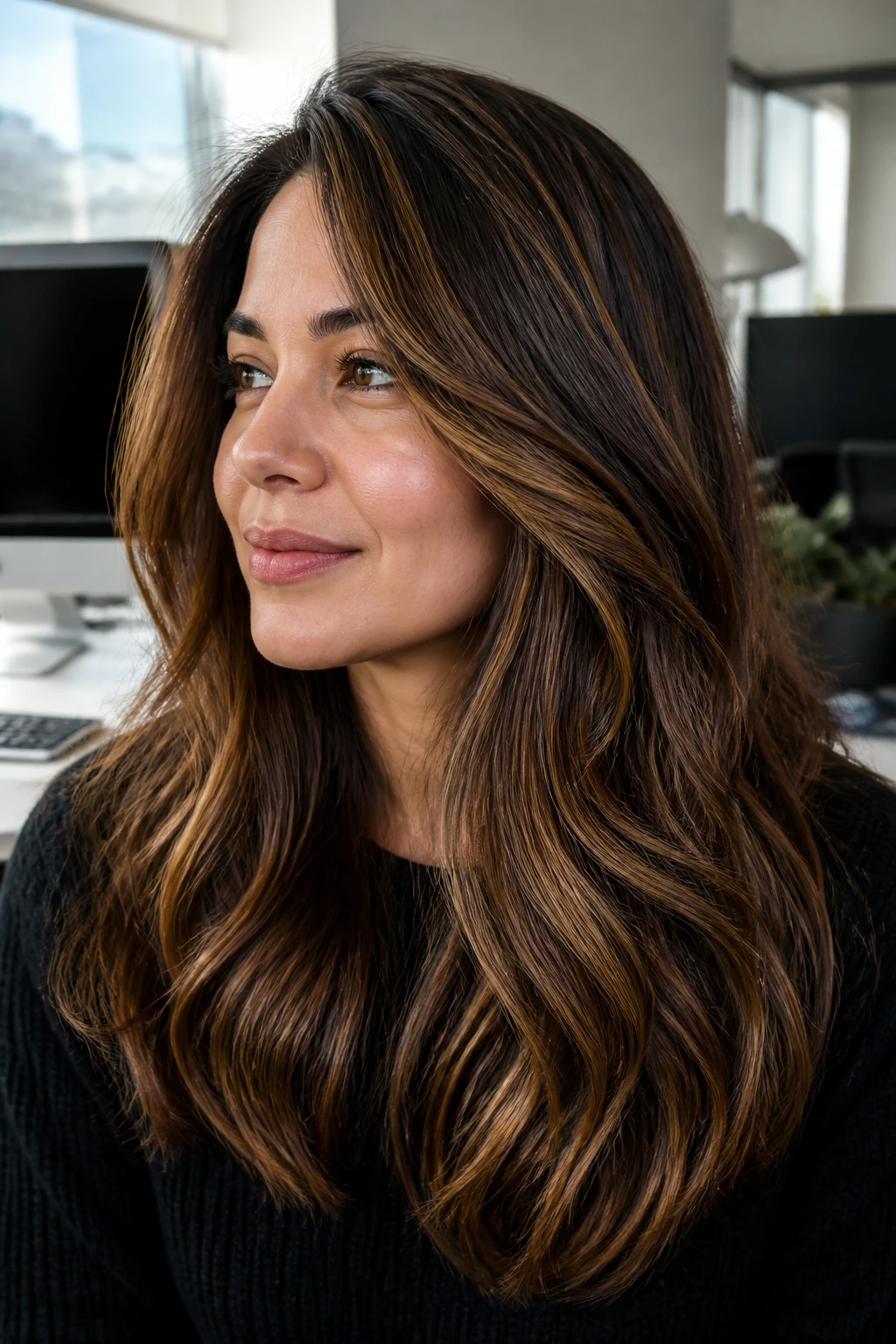 Close-up of thick coarse hair with caramel mocha balayage in a modern office