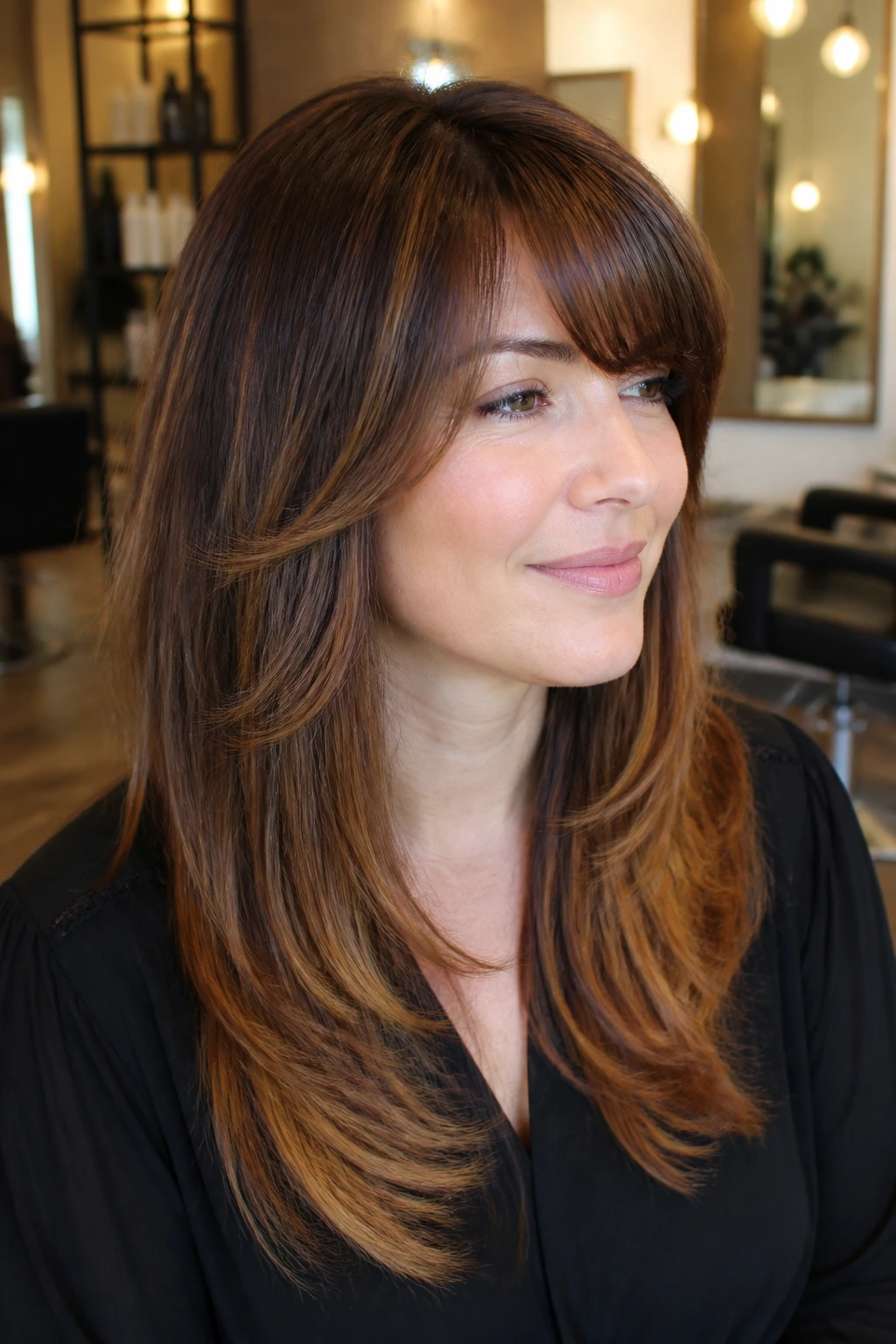 Woman with tapered angled layers and chestnut balayage