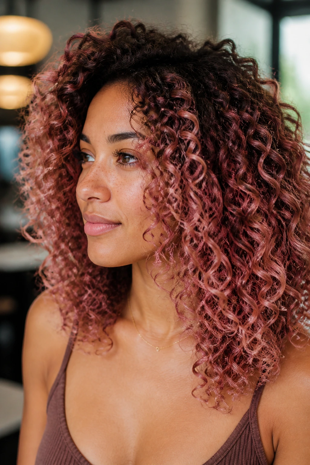 Close-up of a real woman with rose-infused balayage coils in salon-like light