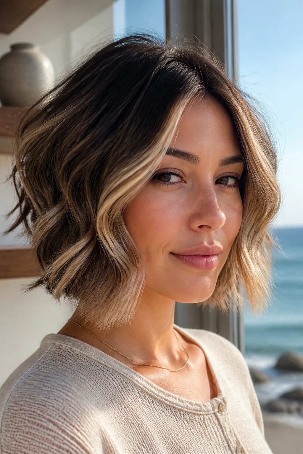 Close-up of a real woman with a wavy inverted bob and face-framing balayage highlights in sunlit seaside setting