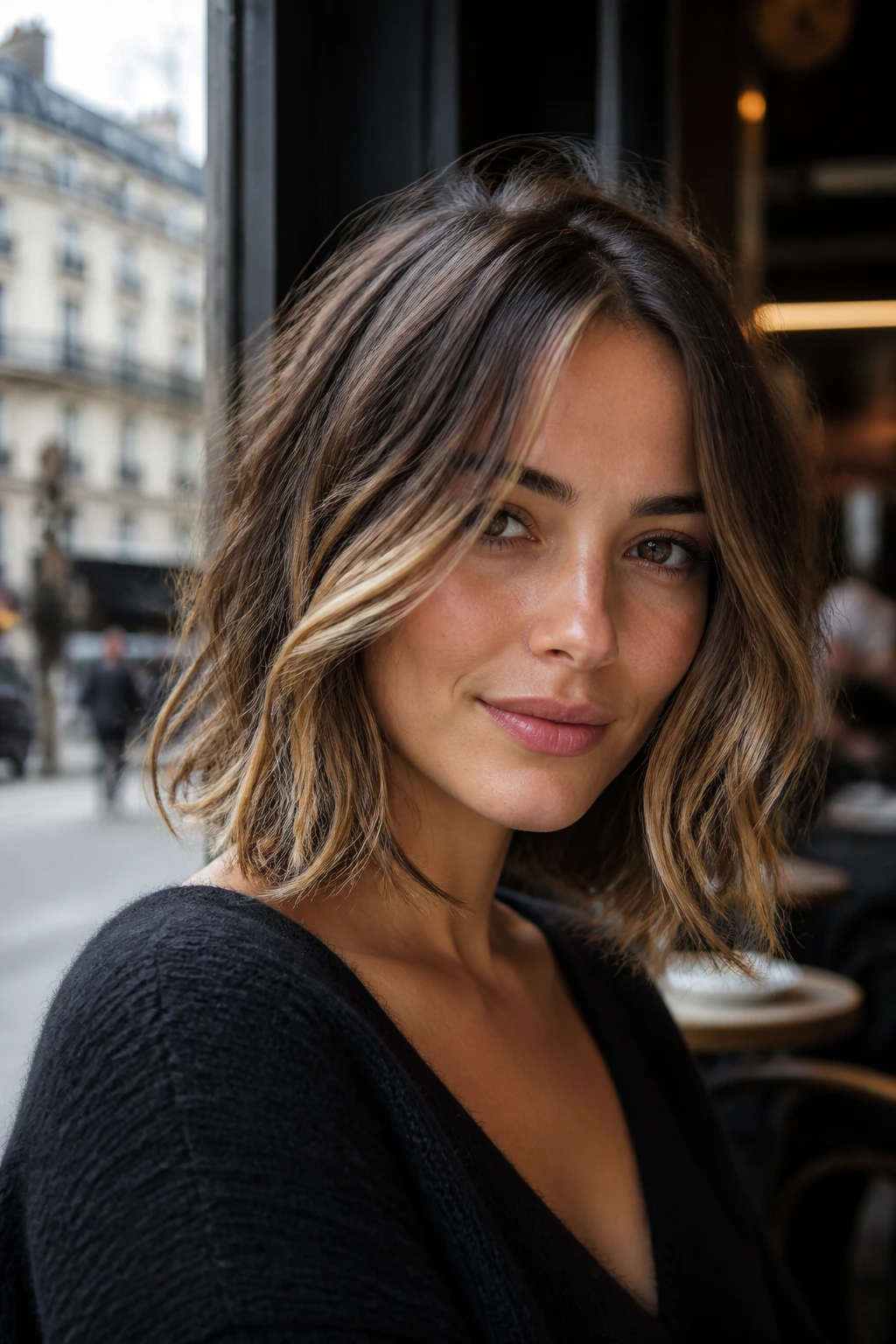 Close-up of a woman with textured lob and balayage highlights