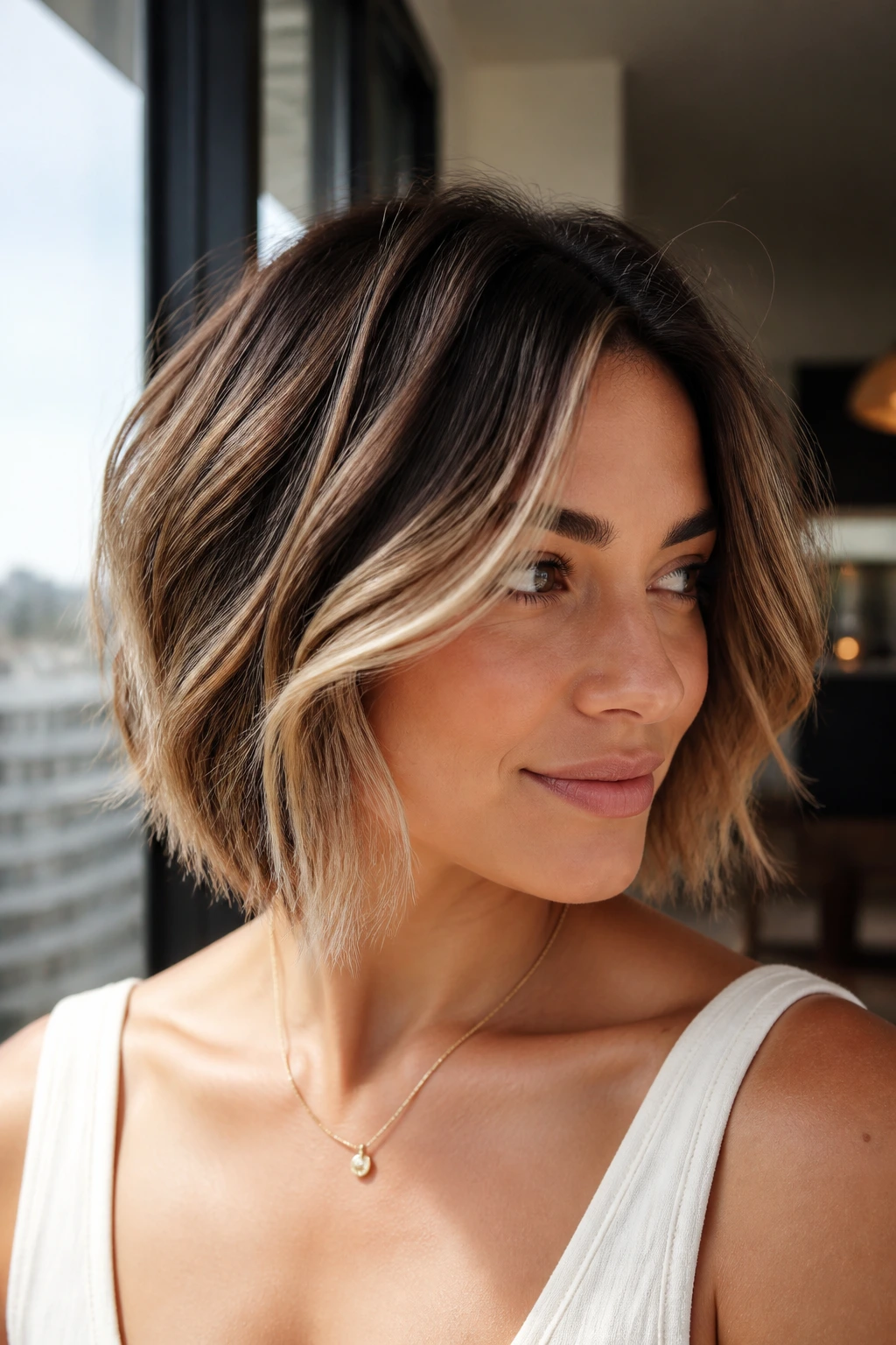 Real woman with balayage piecey bob in sunlit room