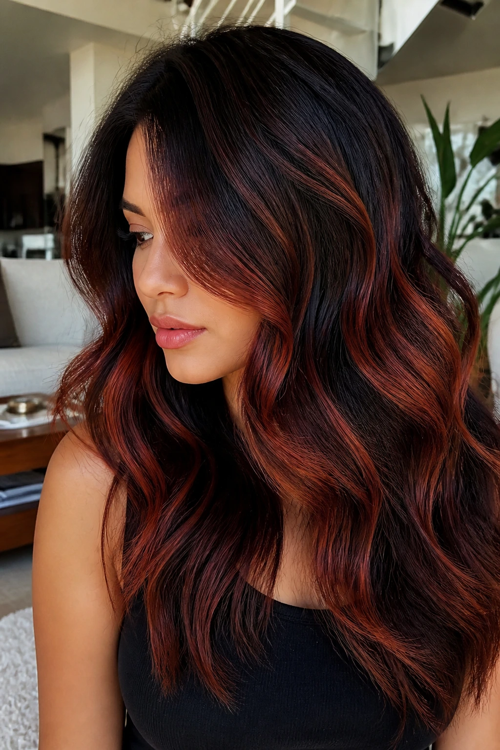 Portrait of a real person with balayage featuring red and copper streaks on black hair.