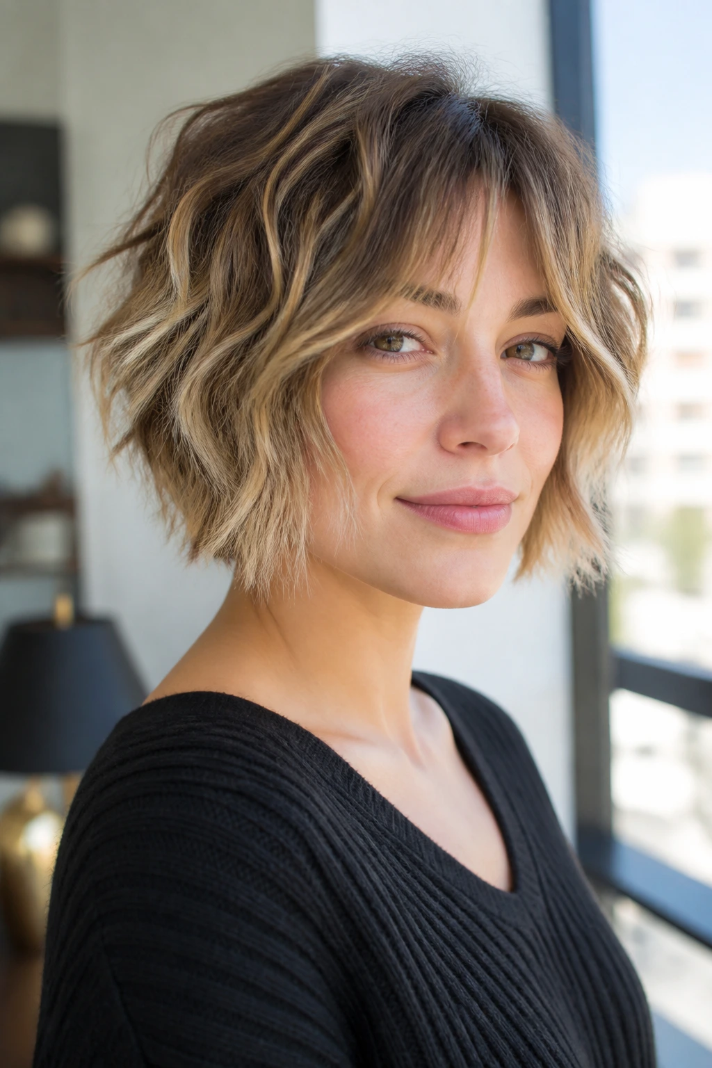 Close-up of a real woman with piecey balayage shag and hand-painted highlights.