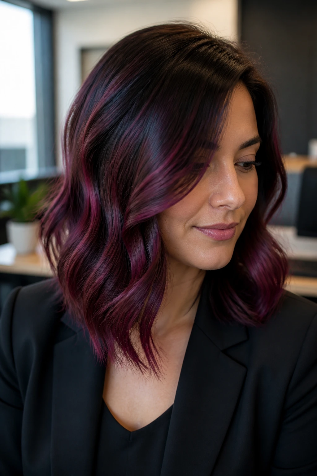 Close-up portrait of a real woman with dark hair featuring deep burgundy-violet balayage in an office setting