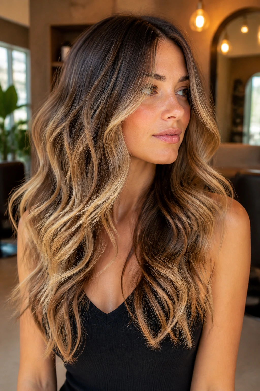 Close-up portrait of a real woman showing a bohemian wavy V-cut with balayage.