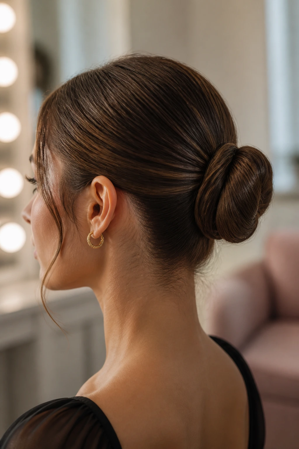 Close-up of a real woman showing a wrapped ballerina bun with a hidden elastic