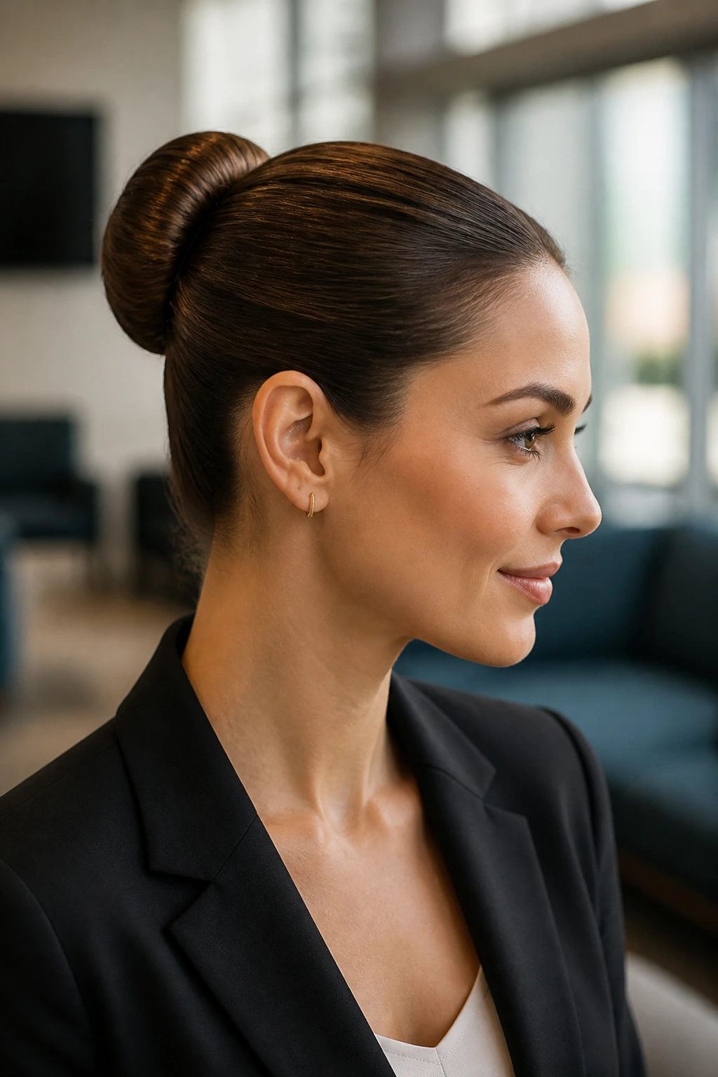 Close-up of a real woman with a polished ballet bun in a modern office setting