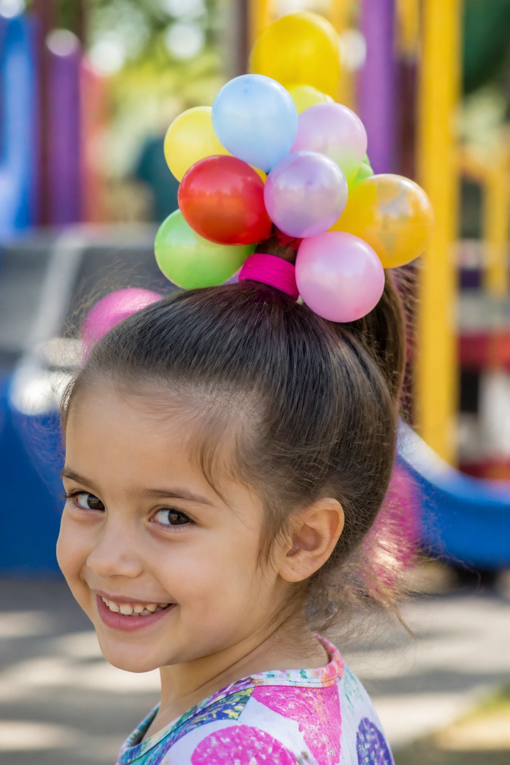 Close-up of a real child wearing a balloon bouquet ponytail against a sunny playground background