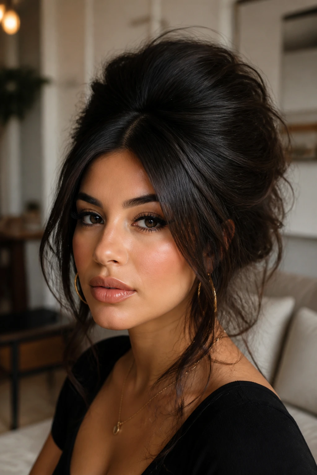 Portrait of real woman with high-volume teased hair and center part