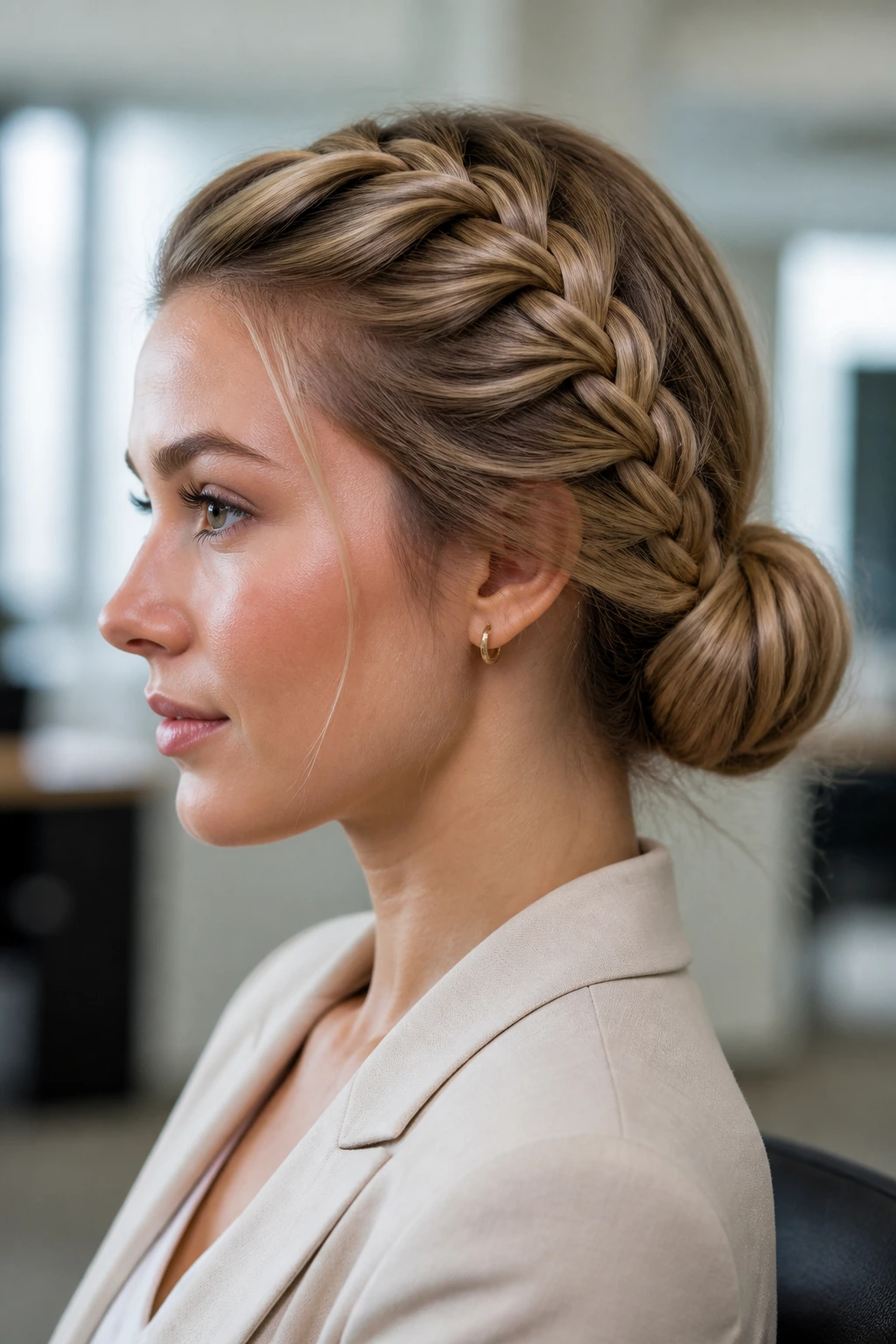 Close-up of a real person with banana braid transitioning into a low bun at the nape