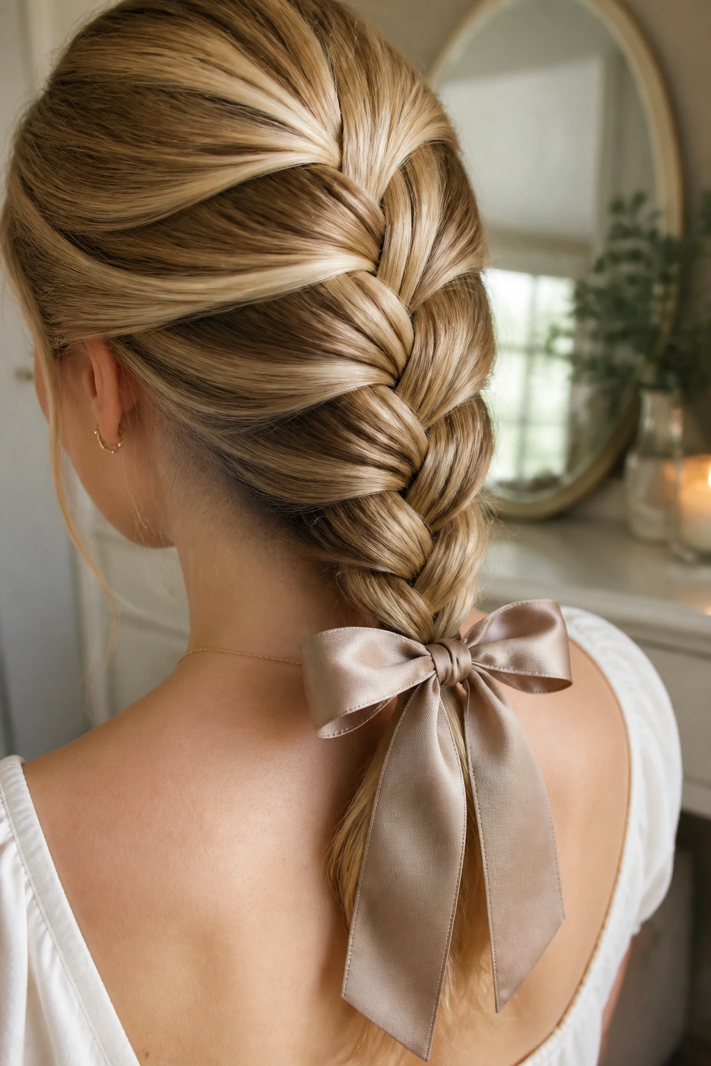 Close-up of banana braid with ribbon pinned through end on real person, soft natural light