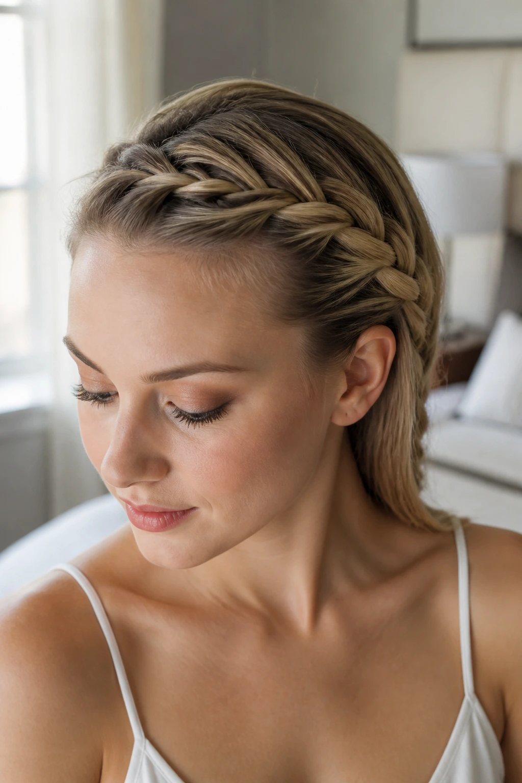 Close-up portrait of a real woman with a side-swept banana braid behind one ear